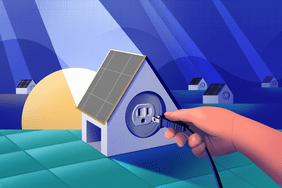 Illustration of a person plugging a cord into a house with a solar panel on it.