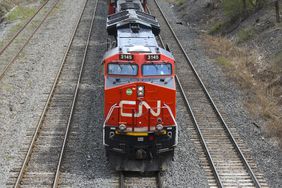 Canadian National Railway locomotive pulls a train in Montreal, Quebec, Canada.
