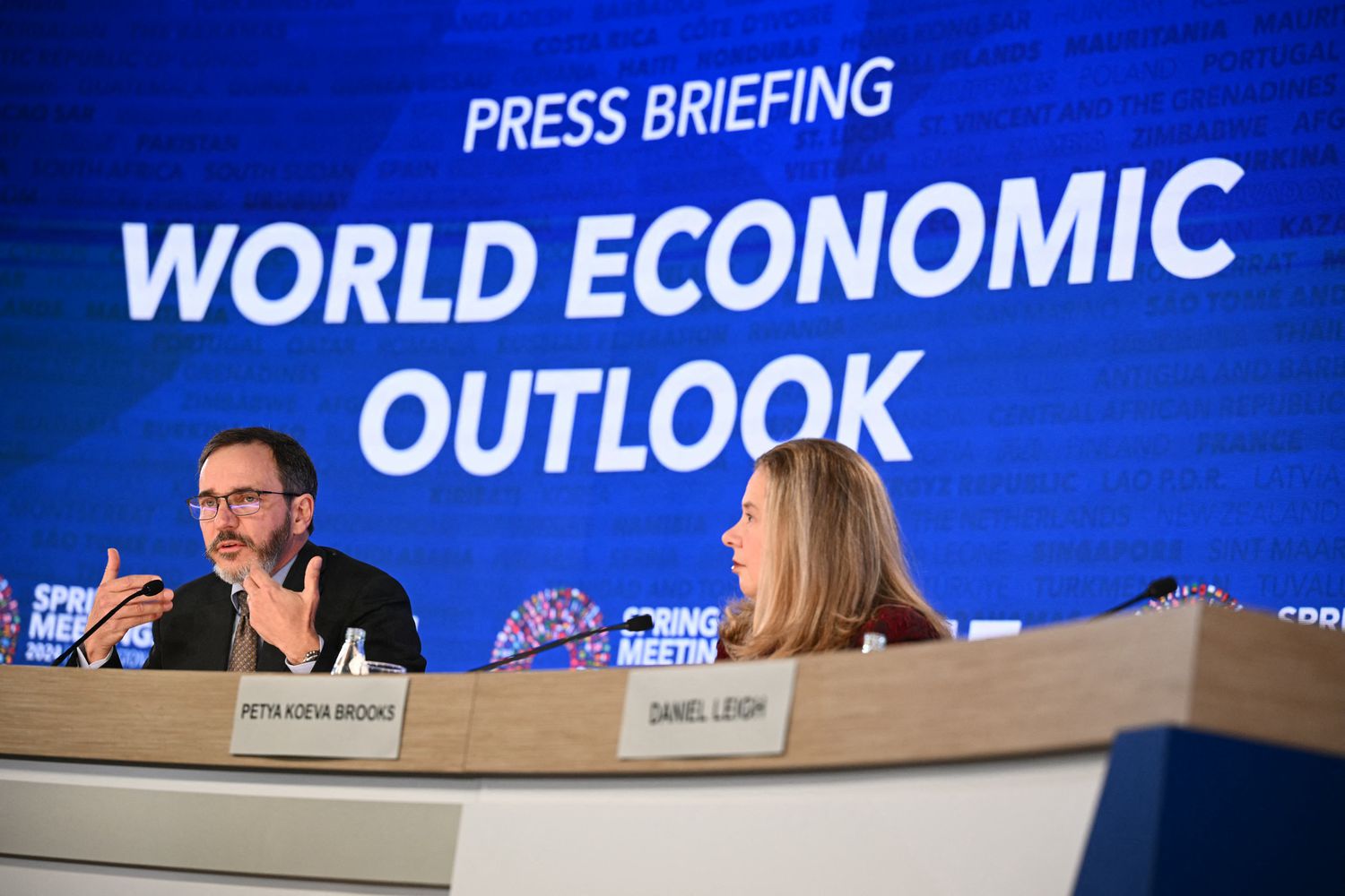 International Monetary Fund (IMF) Chief Economist Pierre-Olivier Gourinchas and IMF Research Department Deputy Director Petya Koeva Brooks hold a press briefing as the IMF publishes its global economic forecasts at the IMF-World Bank Group spring meetings at IMF headquarters in Washington, DC on April 16, 2024.
