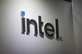 A logo sits illuminated outside the Intel booth at ISE 2025.