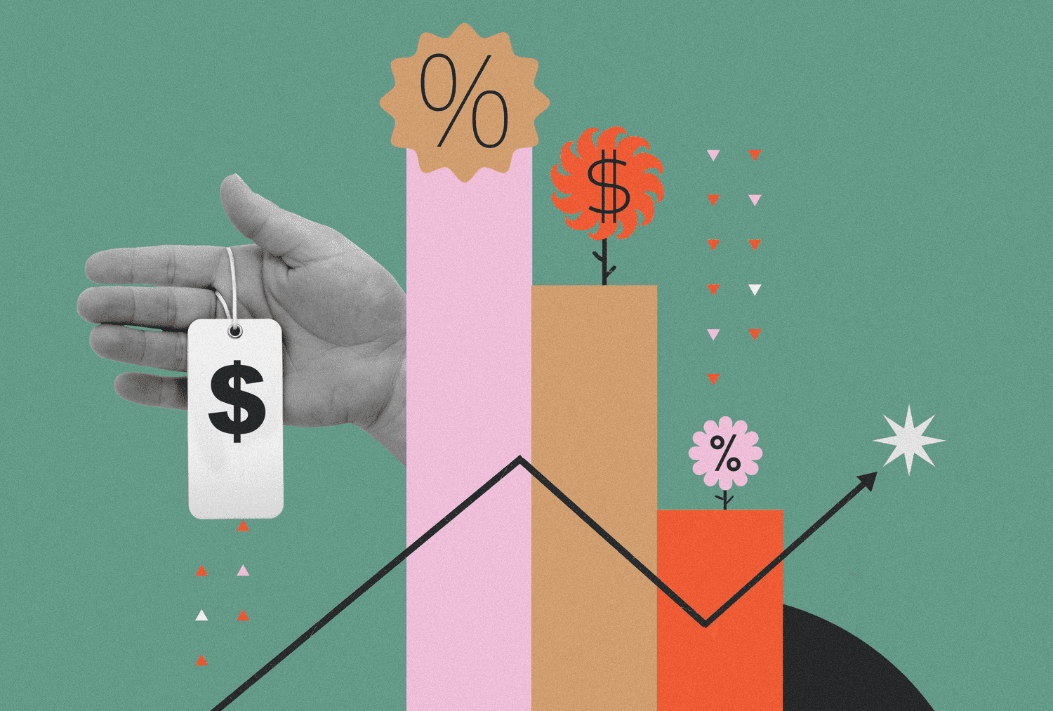 Graphical representation of financial growth concepts including symbols for money and percentages in a stylized design