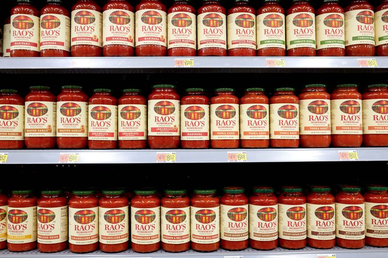 Jars of Rao's brand pasta sauce on a store's shelves