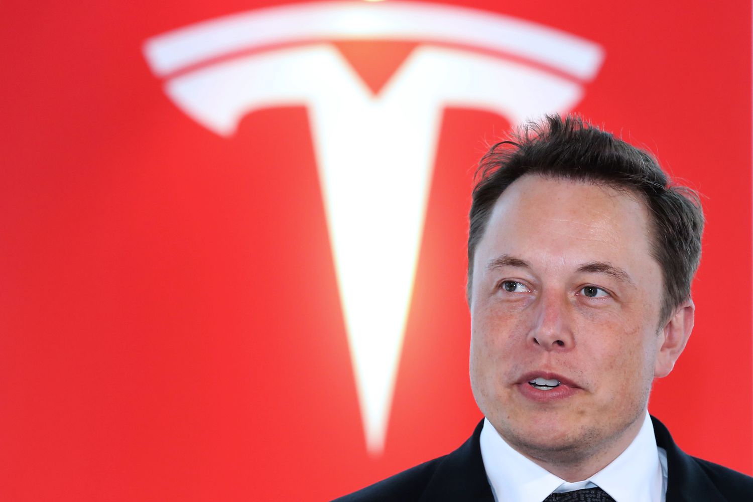 Tesla CEO Elon Musk in front of the company's logo.