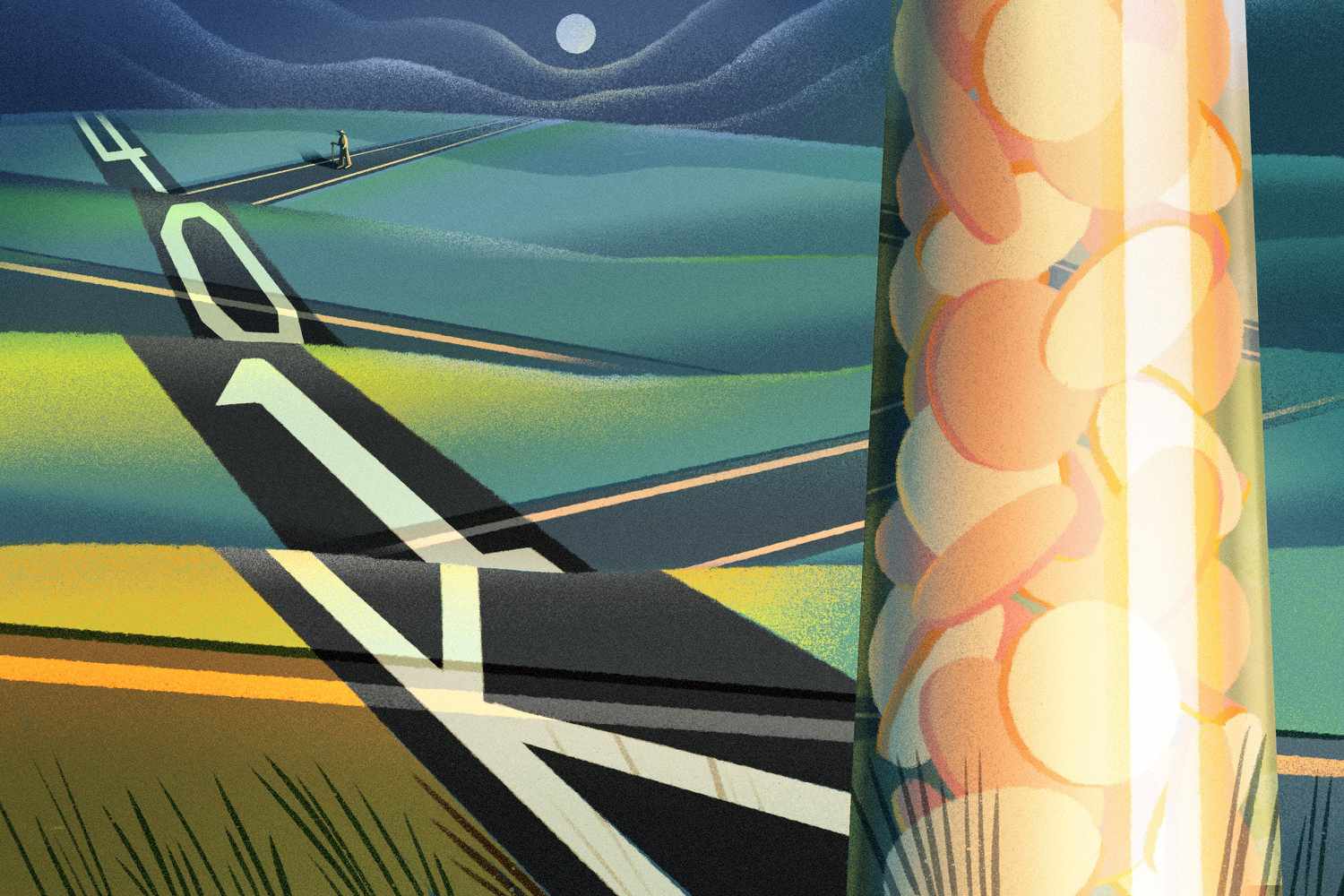 In this illustration, a person walking down the road is moving toward a stockpile of coins that is casting a shadow that says 401K