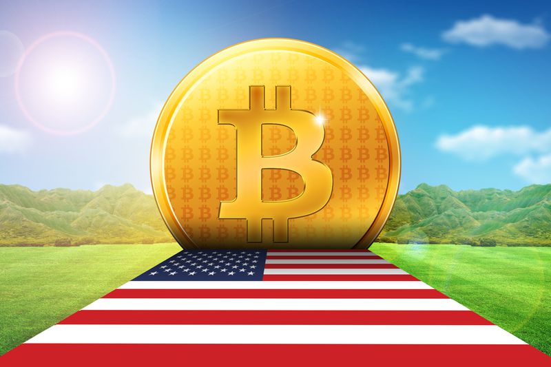 Gold Bitcoin with the flag of the United States.