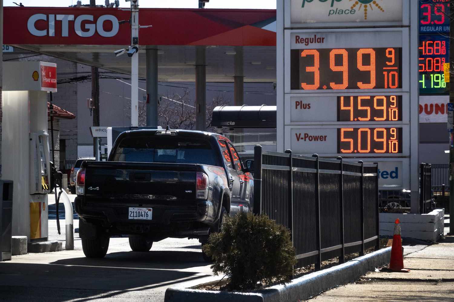 The price of gasoline is displayed at a gas station on March 06, 2025 in Chicago, Illinois. Gas prices are expected to rise in several regions of the United States that rely on Canadian oil after the Trump administration implemented a 10 percent tariff on all Canadian oil products. The US imports about 4 million barrels of oil a day from Canada.