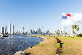 Panama City, Panama skyline with flag 