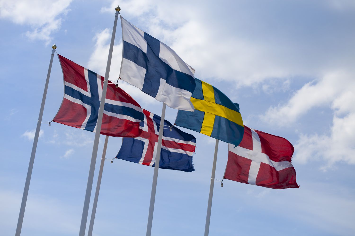 Flags of the Nordic countries on flag poles against blue sky