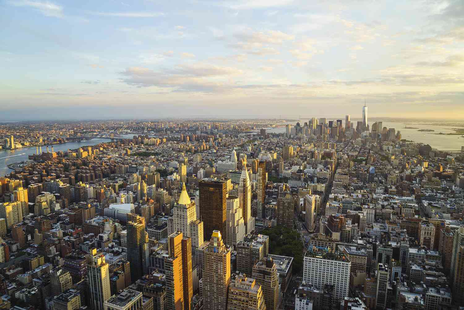 New York City skyline looking south towards Lower Manhattan at sunset.