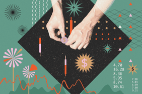 A pair of hands placing a coin on a surface with a surrounding graph and colorful symbols relating to finance.