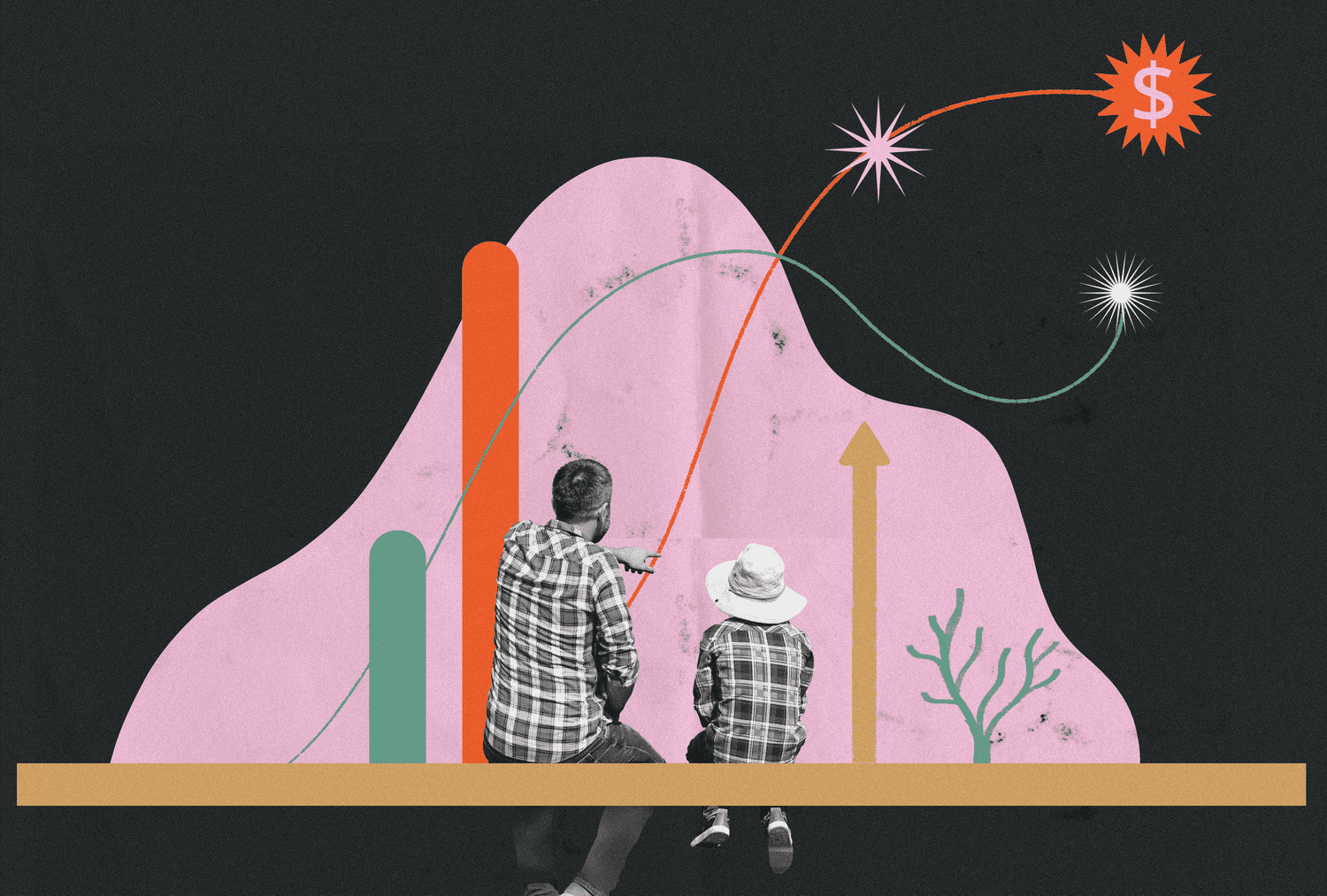 Two people seated on a platform observing graphic data representations and a rising dollar sign symbol
