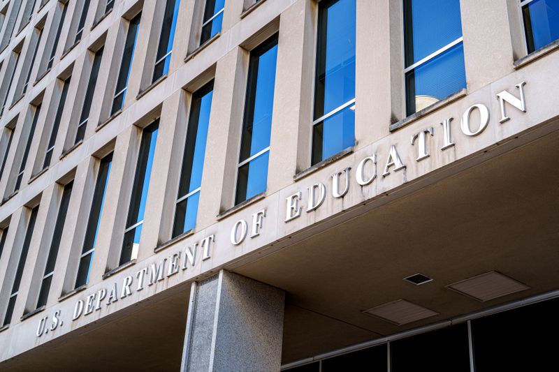 Lettering marks the entrance of the U.S. Department of Education headquarters building on January 29, 2025, in Washington, DC.