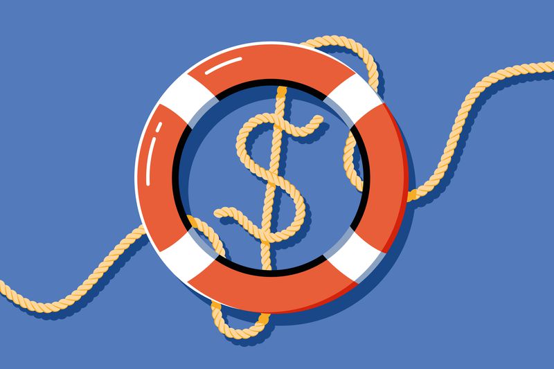 A lifebuoy encircling a dollar sign with a rope on a blue background, representing financial safety or emergency funds for retirees