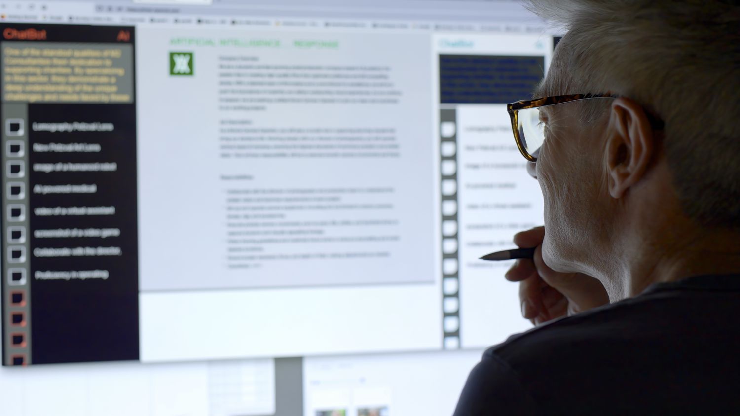 A mature white man looking at a computer monitor with an artificial intelligence chat window