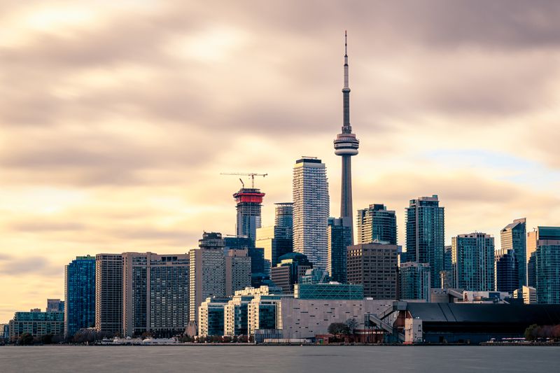 Close Up of Toronto City Skyline with Dramatic Sky near Sunset
