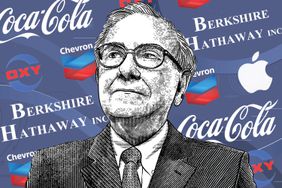 An illustration of Warren Buffett is layered on top of various logos of companies Berkshire Hathaway has holdings in. 