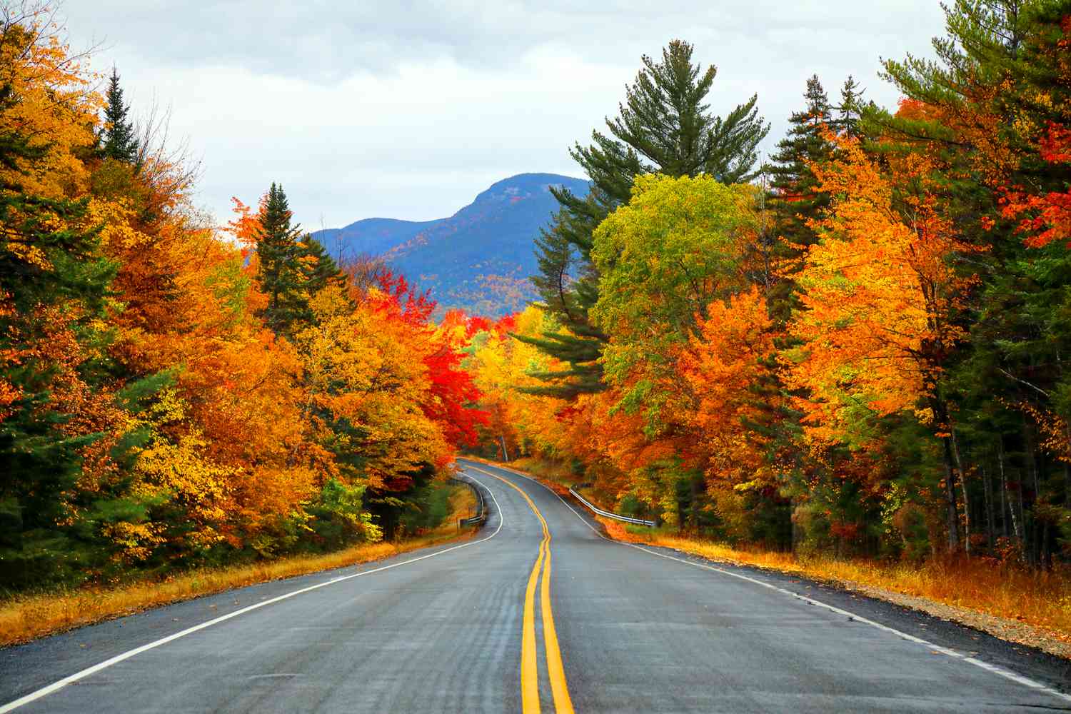 Autumn road in the White Mountains of New Hampshire in autumn.