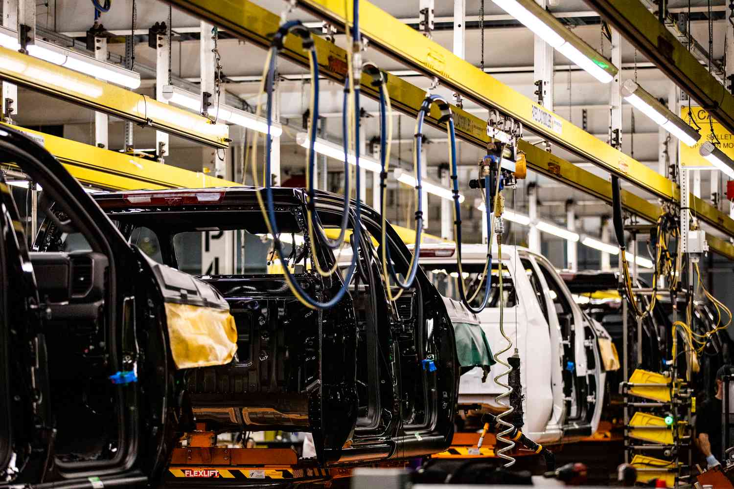 Chevrolet Silverado 1500s and GMC Sierra 1500s on the assembly line at the General Motors assembly plant in Fort Wayne, Indiana, on April 9, 2024