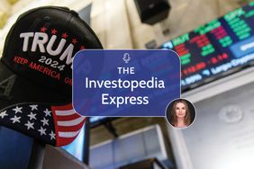 Image of a Trump 2024 hat and the stock market indices in the background