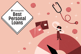 The image shows a graphic with the title “Investopedia Best Personal Loans” inside a diamond-shaped white area. Surrounding the diamond are abstract illustrations of coins, credit cards, a stethoscope, and a small person in a red outfit with a large hat. The background is in shades of pink, and the imagery suggests themes of financial health and credit management.
