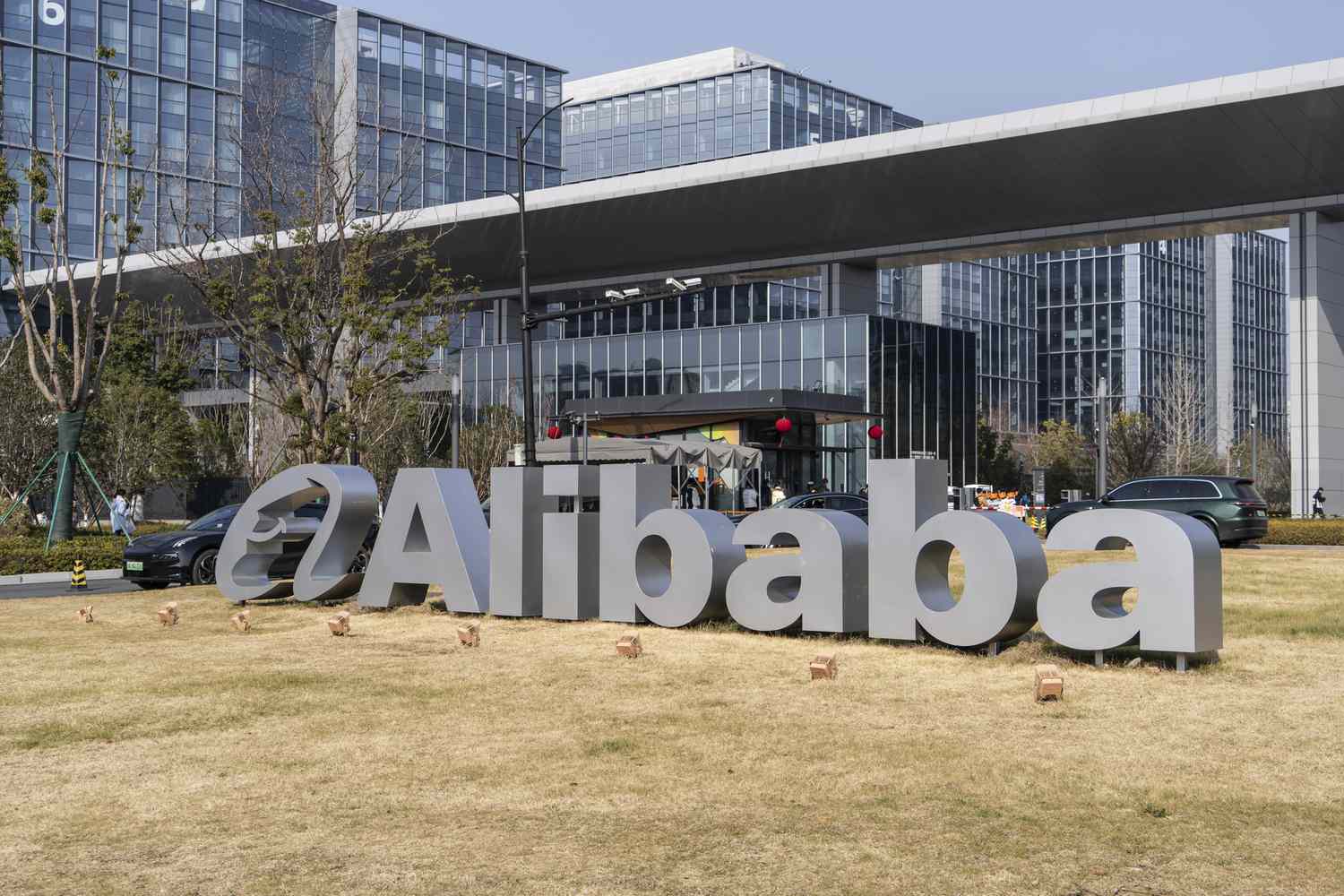 A sign with the Alibaba logo in front of the company's headquarters in Hangzhou, China