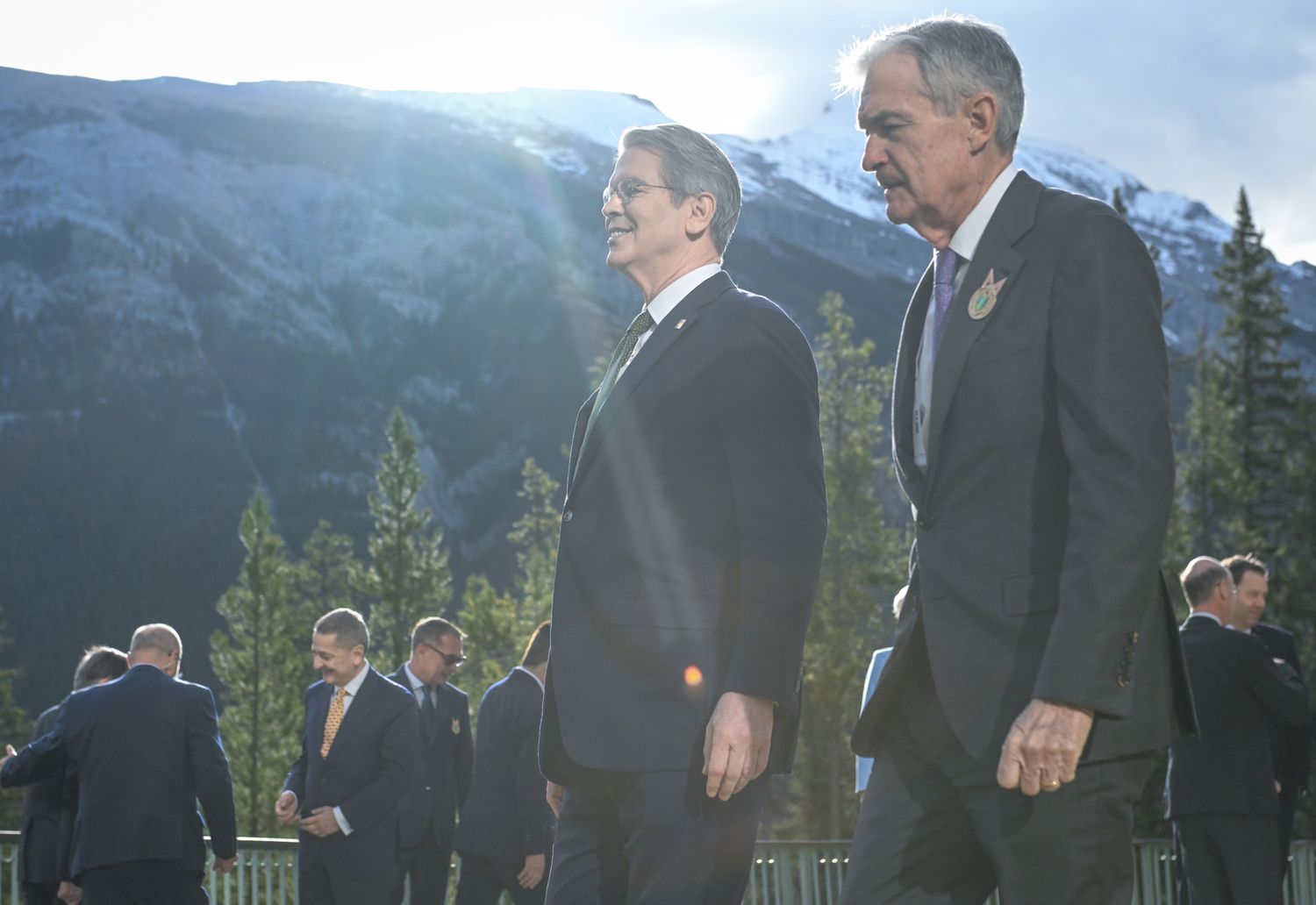 United States Secretary of the Treasury Scott Bessent (L) and Chair of the Federal Reserve of the United States Jerome Powell (R), arrive ahead of the family photo at the G7 Finance Ministers and Central Bank Governors' Meeting in Banff, Alberta, Canada, on May 21, 2025.