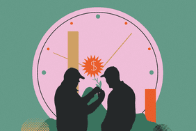Silhouetted figures in front of a clock, holding a small plant with a dollar sign symbol in an abstract design.
