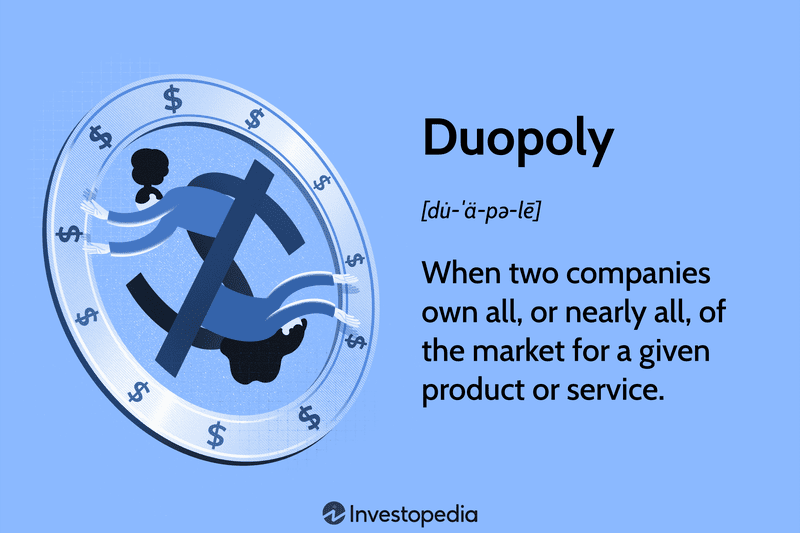 Duopoly: When two companies own all, or nearly all, of the market for a given product or service.