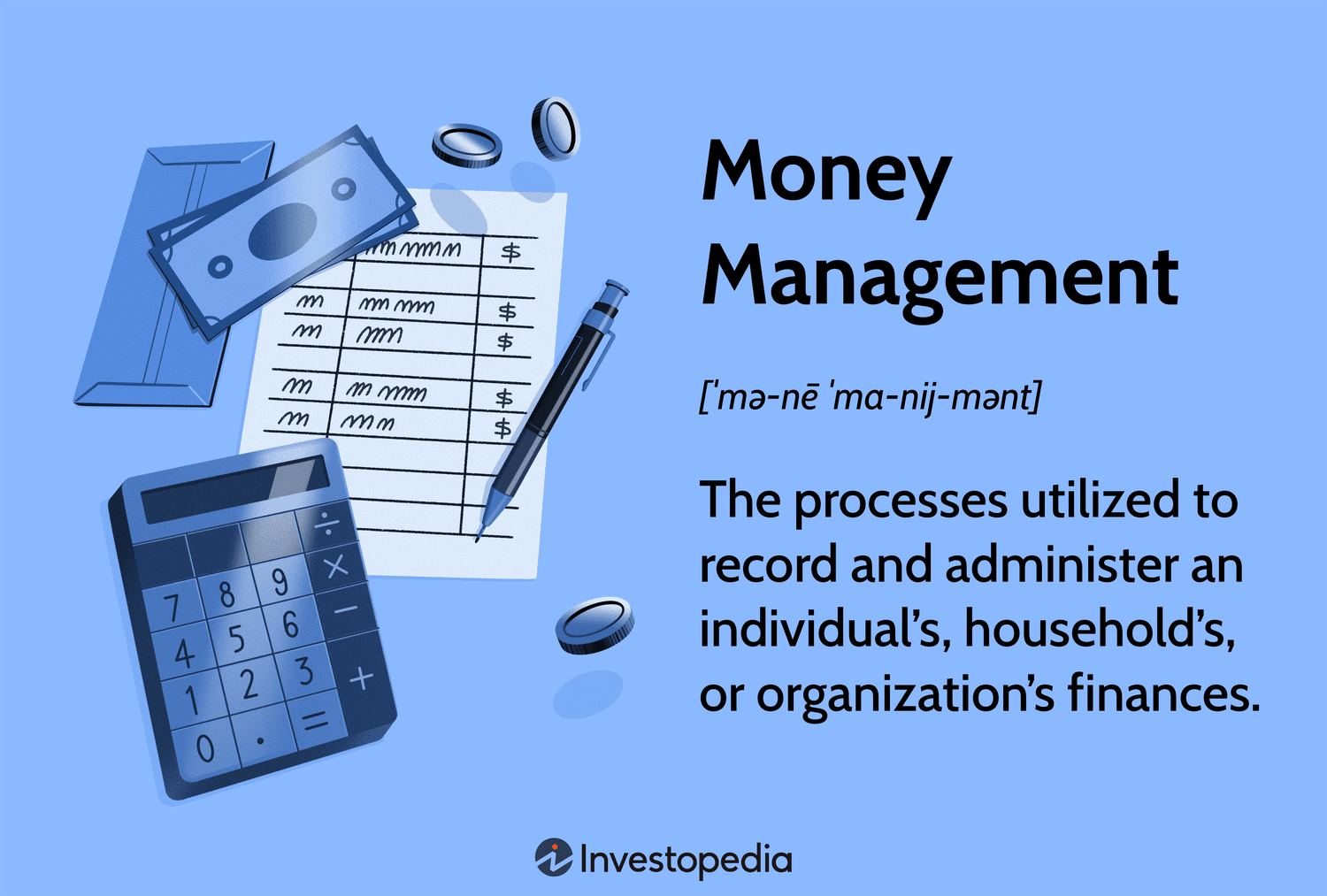 Money Management: The processes utilized to record and administer an individual’s, household’s, or organization’s finances.