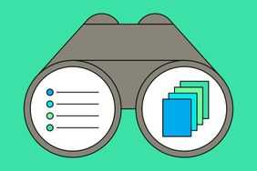 Illustration of binoculars with list and pages icons in the lenses