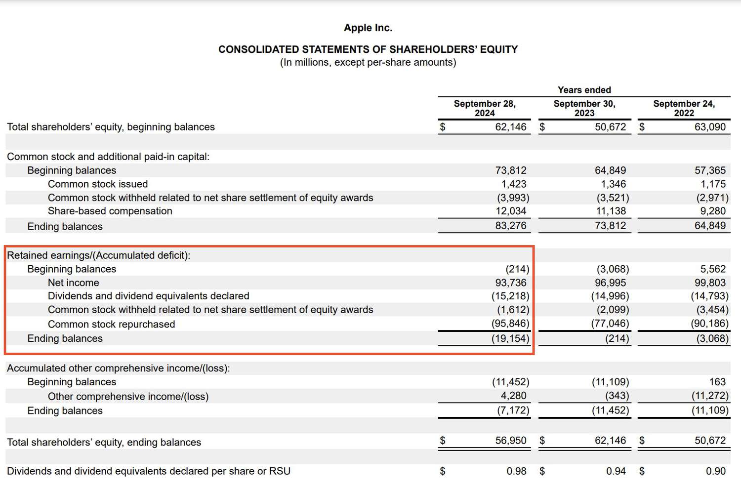 Apple statement of Shareholder Equity