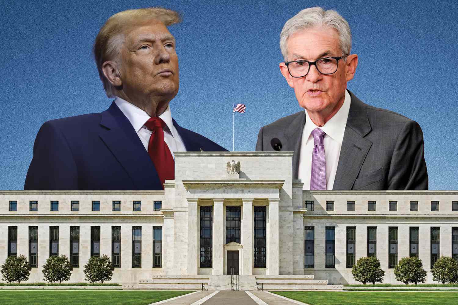 In this photo composite, the Federal Reserve building sits in front of Donald Trump and Jerome Powell.