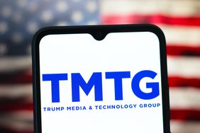 Trump Media & Technology Group logo is seen displayed on a smartphone screen