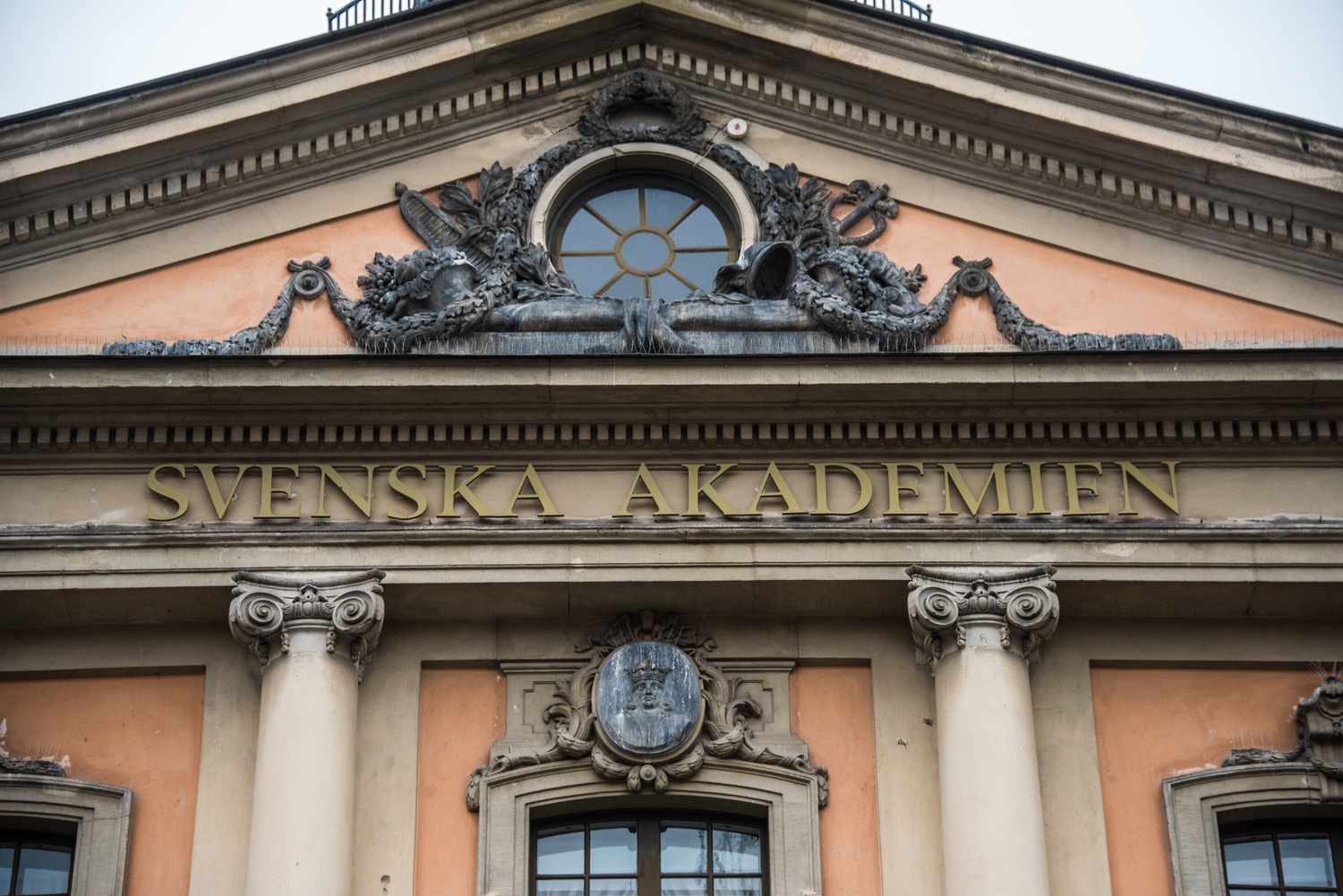 Closeup view of the Swedish Academy sign on home of the Stockholm Stock Exchange building originally built in the 1770s.