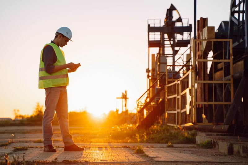 Worker standing near an oil jack pump platform that sources WTI crude oil.