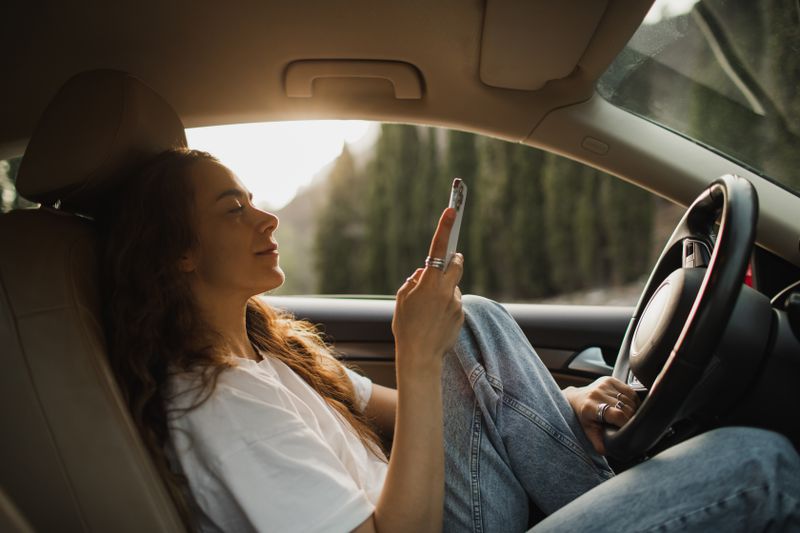 A woman sitting in a car looks at a phone.