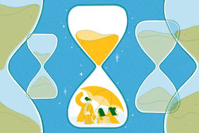 Illustration of a family huddled in a glass timer with sand.