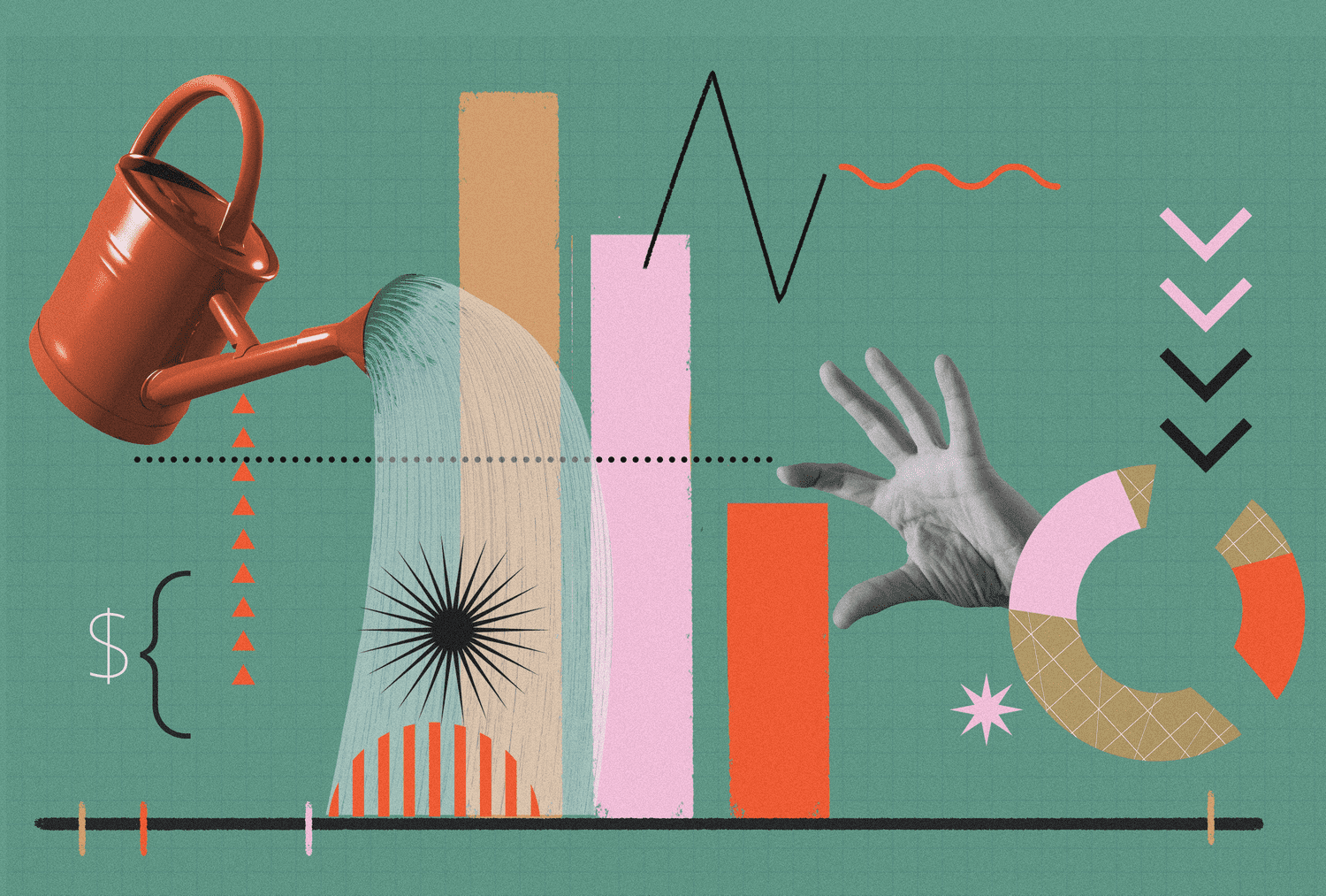 Abstract representation of data analysis with illustrations of graphs, a watering can, and a hand interacting with chart elements