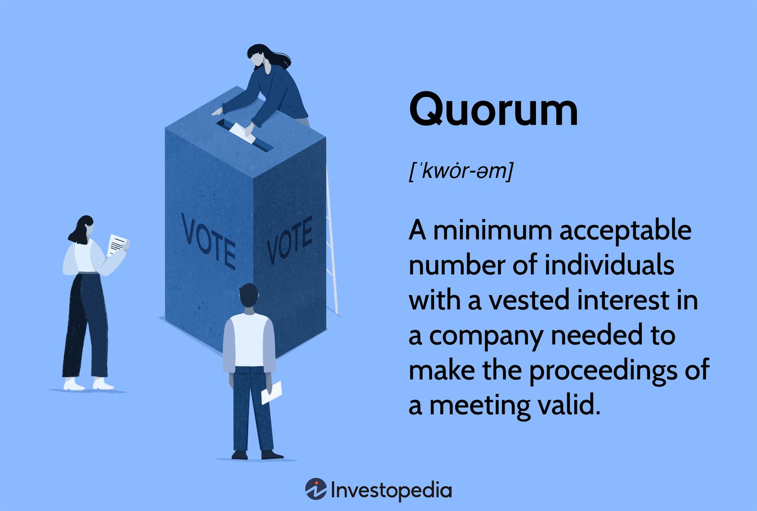 Quorum: A minimum acceptable number of individuals with a vested interest in a company needed to make the proceedings of a meeting valid.
