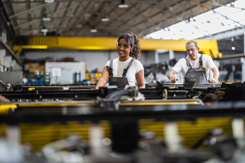 Smiling female and male factory workers collaborating on assembling car parts along a modern production line in an advanced automotive manufacturing facility