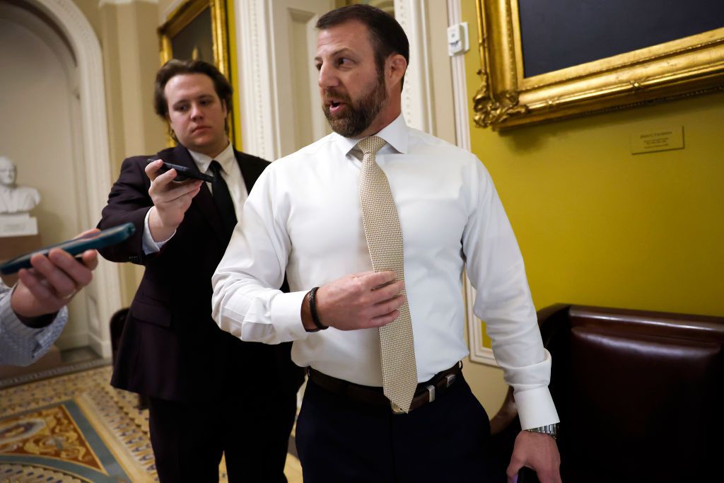 WASHINGTON, DC - FEBRUARY 07: Sen. Markwayne Mullin (R-OK) arrives to a luncheon with Senate Republicans at the U.S. Capitol on February 07, 2024 in Washington, DC. The Senate failed to pass legislation consisting of immigration and border security tacked on with foreign aid for Ukraine and Israel (Photo by Anna Moneymaker/Getty Images)