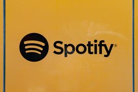 Spotify logo at corporate headquarters.