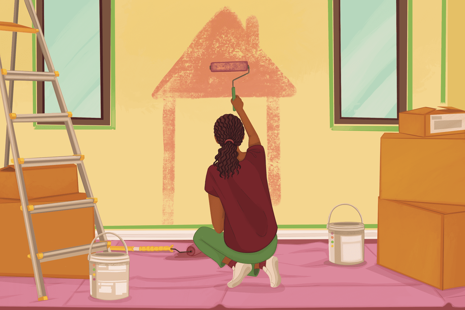 Person with long, dark hair in a ponytail paints a wall inside their home.