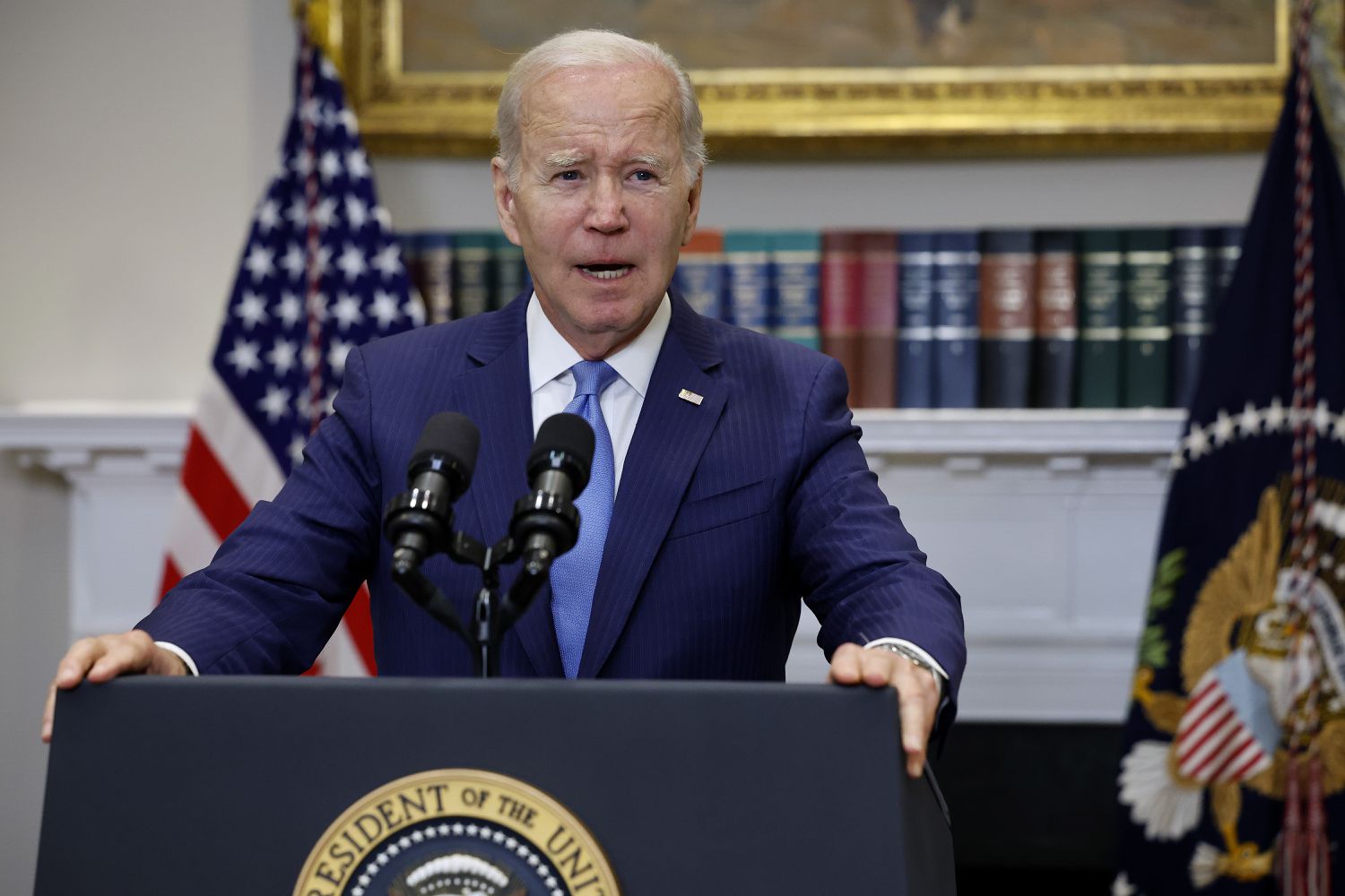 U.S. President Joe Biden delivers a brief update of the ongoing negotiations over the debt limit in the Roosevelt Room at the White House on May 17, 2023 in Washington, DC. Biden said he would keep in contact with the principal negotiators while he is in Japan for the G7 summit. 