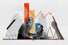 Photo and illustration composite of two people reviewing an investment portfolio on a tablet. 