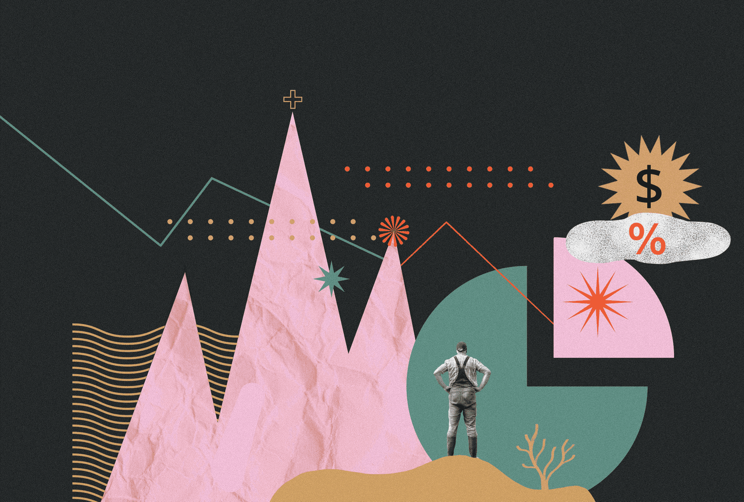 Abstract illustration with graphs, geometric shapes, and a person observing financial symbols.