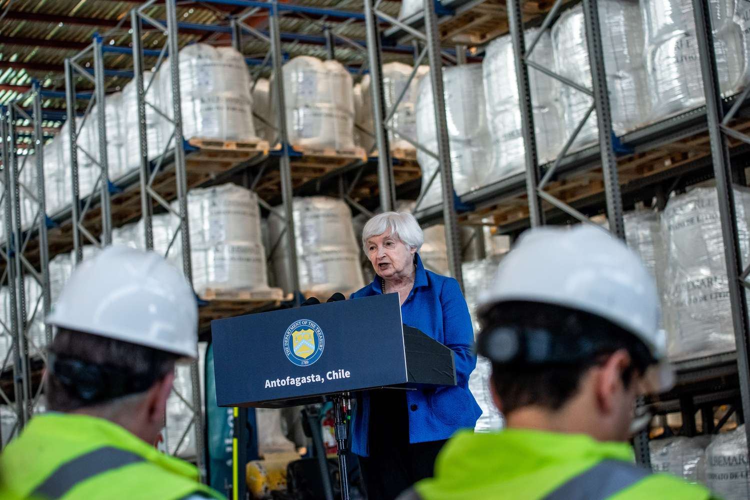 Janet Yellen, US Treasury secretary, speaks during a tour of the Albemarle Corp. lithium processing facility in Antofagasta, Chile, on Saturday, March 2, 2024. 