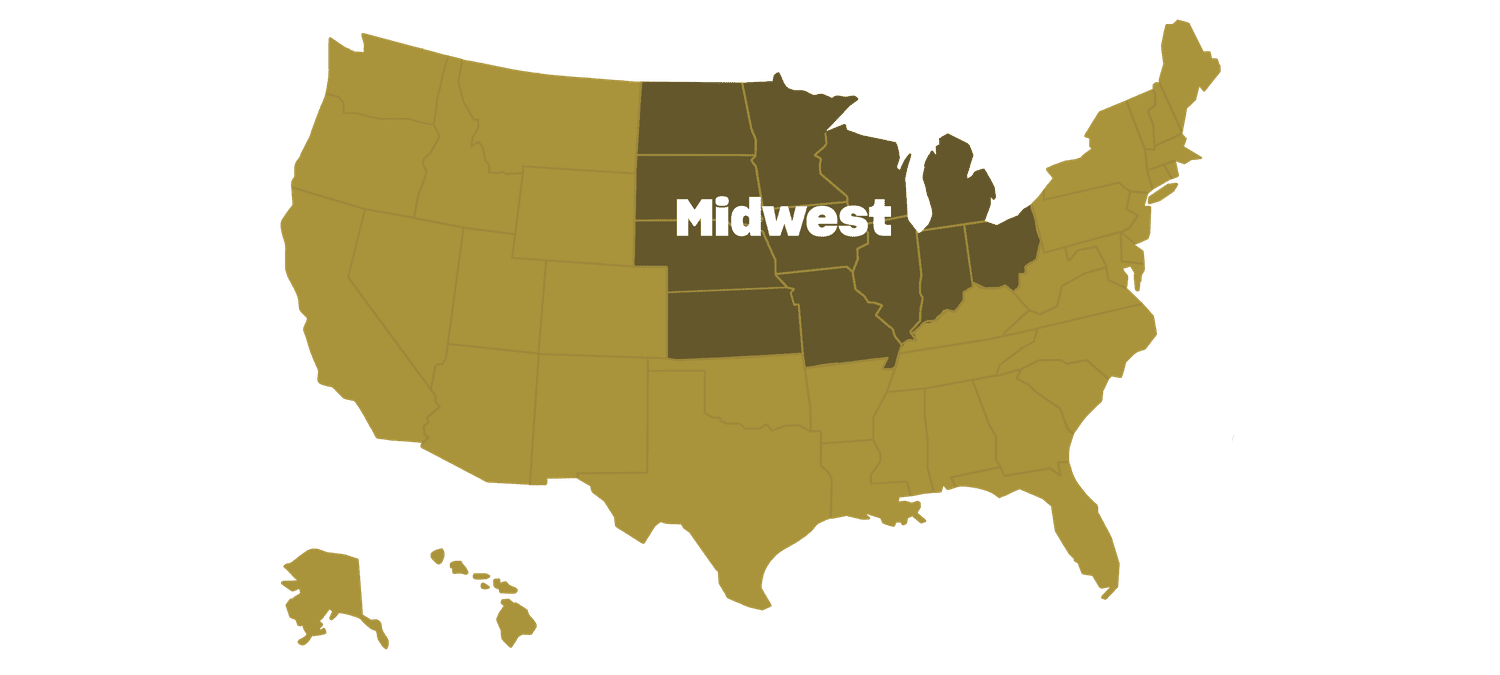 A map highlighting the Midwestern region of the United States
