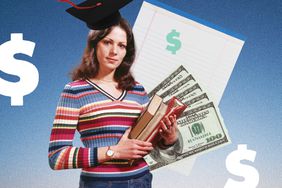 illustration showing woman with books, dollar signs depicting student loans
