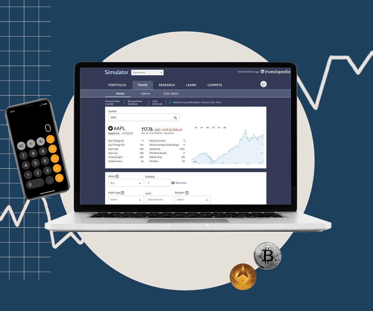investopedia simulator on a computer screen next to a phone calculator